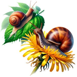 Puede incluir: Dos caracoles, uno marr&oacute;n y otro con una concha marr&oacute;n y un cuerpo gris, se muestran sobre una hoja verde y una flor de diente de le&oacute;n amarilla.