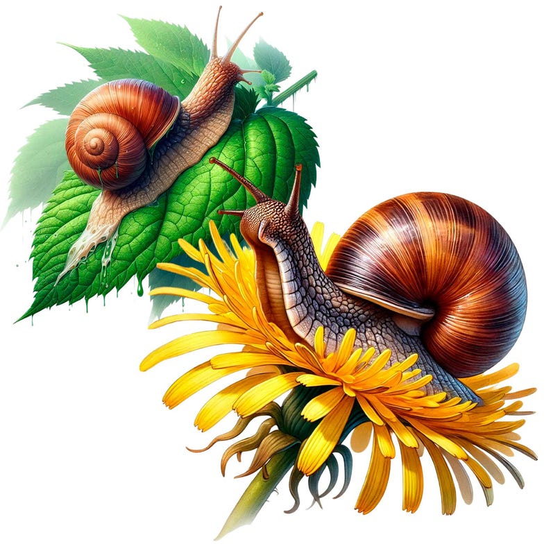 Puede incluir: Dos caracoles, uno marr&oacute;n y otro con una concha marr&oacute;n y un cuerpo gris, se muestran sobre una hoja verde y una flor de diente de le&oacute;n amarilla.