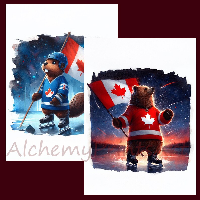 Puede incluir: Dos ilustraciones de animales canadienses jugando al hockey. Un castor con una camiseta azul con una bandera canadiense en la manga y un oso con una camiseta roja con una bandera canadiense en la manga. Ambos animales sostienen palos de hockey y est&aacute;n sobre patines de hielo. El fondo es un cielo nocturno estrellado con una bandera canadiense en la esquina superior derecha.