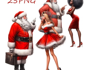 Op de afbeelding: Drie kerstfiguren: een kerstman met een witte baard, een vrouw in een rood-witte jurk en een vrouw met krullend zwart haar die een rode jurk draagt. De achtergrond is wit.
