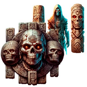 Pode incluir: Uma escultura de pedra de uma caveira com olhos vermelhos, cercada por entalhes intrincados e uma figura esquel&eacute;tica vestida com uma t&uacute;nica azul. A escultura &eacute; colocada sobre um fundo branco.