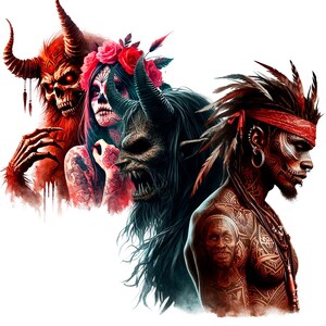 May include: A digital illustration of three figures with demonic features. The figure on the left is red with horns and a skull-like face. The figure in the centre is a woman with a skull-like face and a flower crown. The figure on the right is a dark-skinned man with a feathered headdress and tattoos.