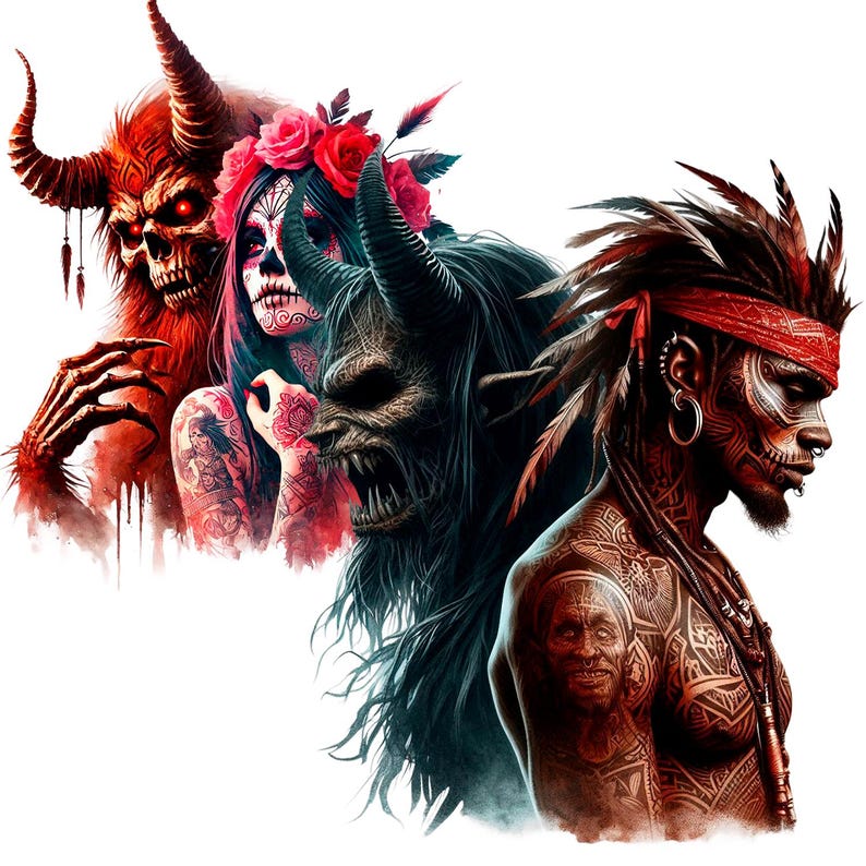 May include: A digital illustration of three figures with demonic features. The figure on the left is red with horns and a skull-like face. The figure in the centre is a woman with a skull-like face and a flower crown. The figure on the right is a dark-skinned man with a feathered headdress and tattoos.