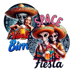 K&ouml;nnte beinhalten: Zwei Illustrationen von Au&szlig;erirdischen mit Sombreros und Serapes, die Bierkr&uuml;ge halten. Ein Bild hat den Text "Viva la Birra" und das andere "Space Fiesta". Die Au&szlig;erirdischen stehen vor einem schwarz-blauen Hintergrund.