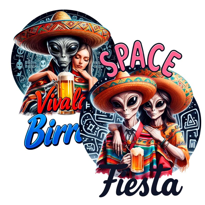 K&ouml;nnte beinhalten: Zwei Illustrationen von Au&szlig;erirdischen mit Sombreros und Serapes, die Bierkr&uuml;ge halten. Ein Bild hat den Text "Viva la Birra" und das andere "Space Fiesta". Die Au&szlig;erirdischen stehen vor einem schwarz-blauen Hintergrund.