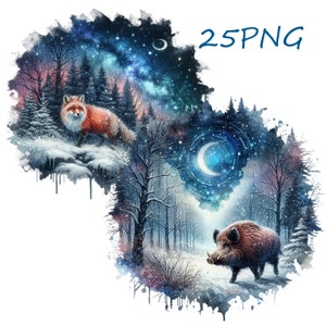 Peut inclure: Une peinture à l'aquarelle représentant une scène de forêt hivernale avec un renard roux et un sanglier. Le ciel est bleu foncé avec des étoiles et une lune croissante. Les arbres sont recouverts de neige et le sol est recouvert de neige.