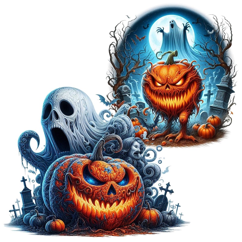 May include: A Halloween-themed illustration featuring two jack-o'-lantern pumpkins with menacing grins. One pumpkin is standing on two legs with a ghost hovering above it. The other pumpkin is surrounded by swirling smoke and a ghost with a skull-like face. Both pumpkins have intricate carvings and glowing eyes.