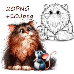 Cat and Mouse Illustrations: PNG Clipart & Coloring Pages (Digital Download)