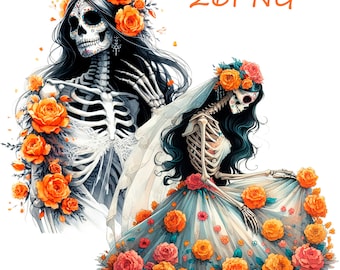 May include: Two skeleton figures dressed in wedding attire. The figure on the left is wearing a white dress with orange flowers. The figure on the right is wearing a blue dress with orange flowers and a veil. Both figures have painted sugar skulls and black hair.