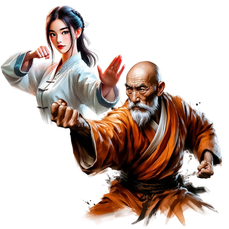 May include: A woman in a white martial arts uniform with a braid in her hair is in a fighting stance. A man with a long white beard is in a fighting stance wearing a brown martial arts robe.