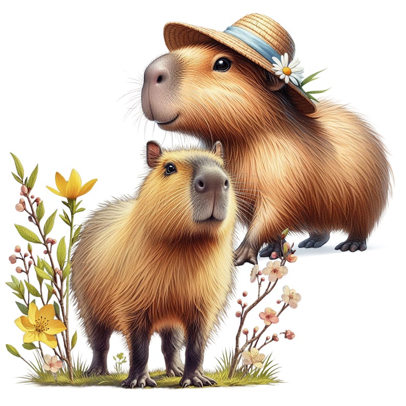 Capybara PNG Clipart Set, Floral Hat, Transparent Background (digital ...