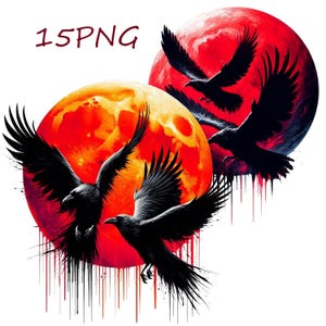 Peut inclure: Deux corbeaux noirs volent sur fond de deux lunes rouges et orange. Les lunes sont recouvertes de peinture noire qui coule, créant un design dramatique et abstrait.