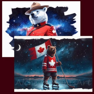 Puede incluir: Dos ilustraciones de animales canadienses. Un oso polar con un uniforme rojo y dorado con un parche de la bandera canadiense en el hombro. Un oso pardo con una camiseta de hockey roja y blanca con una bandera canadiense en la manga, sosteniendo un palo de hockey y una bandera canadiense. Ambas ilustraciones tienen un fondo de cielo nocturno estrellado.