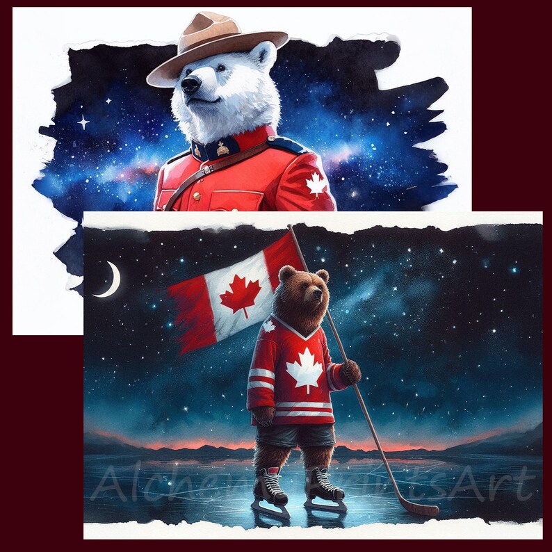 Puede incluir: Dos ilustraciones de animales canadienses. Un oso polar con un uniforme rojo y dorado con un parche de la bandera canadiense en el hombro. Un oso pardo con una camiseta de hockey roja y blanca con una bandera canadiense en la manga, sosteniendo un palo de hockey y una bandera canadiense. Ambas ilustraciones tienen un fondo de cielo nocturno estrellado.
