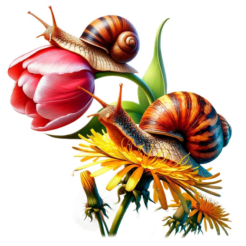 Puede incluir: Dos caracoles, uno en un tulip&aacute;n rosa y el otro en un diente de le&oacute;n amarillo, con hojas y tallos verdes.