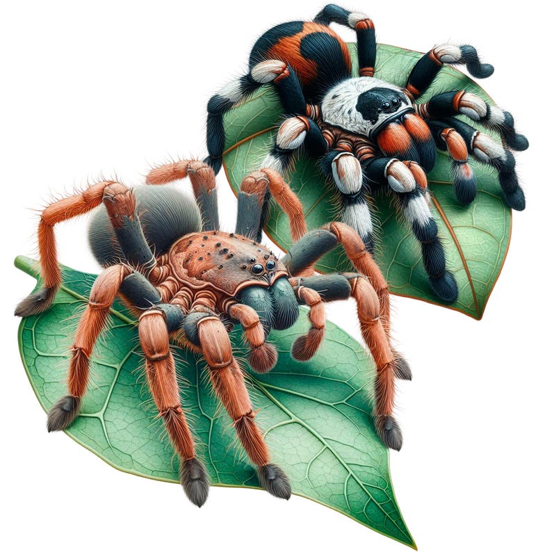 Pode incluir: Duas tar&acirc;ntulas, uma preta e branca com detalhes vermelhos e outra laranja e marrom, est&atilde;o empoleiradas em folhas verdes.