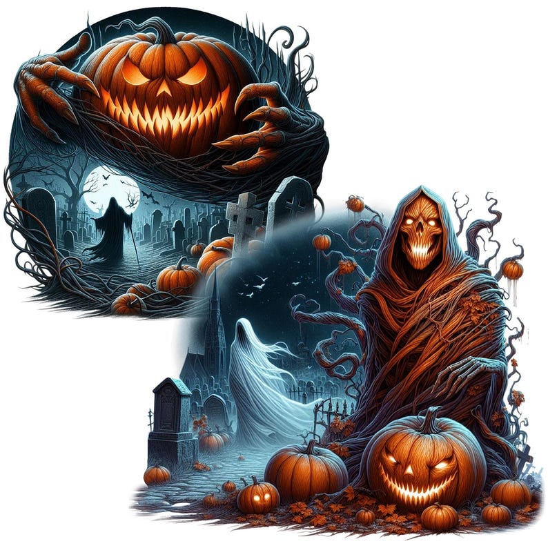 May include: Two Halloween-themed illustrations featuring jack-o'-lanterns, a skeletal figure, and a graveyard setting. The first illustration shows a jack-o'-lantern with a menacing grin, surrounded by vines and a graveyard. The second illustration depicts a skeletal figure with a hooded cloak, standing in a graveyard with a jack-o'-lantern at its feet.