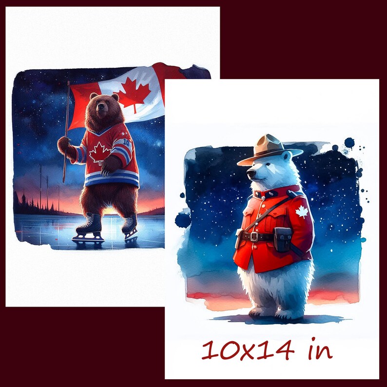 Puede incluir: Dos ilustraciones de osos con jerseys de hockey y sosteniendo palos de hockey. El primer oso es marr&oacute;n y lleva un jersey rojo, blanco y azul con una bandera canadiense. El segundo oso es blanco y lleva un jersey rojo y blanco con una bandera canadiense. Ambos osos est&aacute;n de pie sobre un fondo nevado con estrellas.
