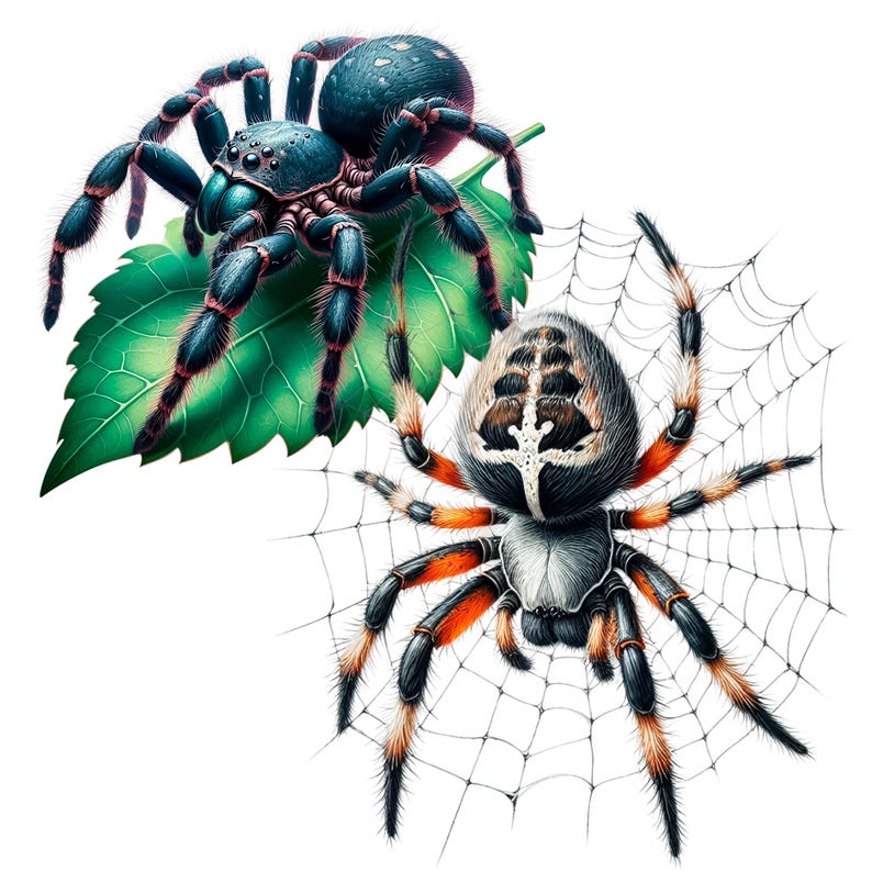 Pode incluir: Duas aranhas, uma preta com marcas vermelhas em uma folha verde e outra preta e branca com marcas laranja em uma teia.