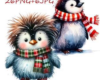 Clipart aquarel pinguïn: grappige png-afbeeldingen (digitale download)