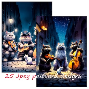 Gatos músicos callejeros, gato guitarrista, gatos divertidos, imágenes para tu creatividad, para imprimir, uso comercial, 25 postales
