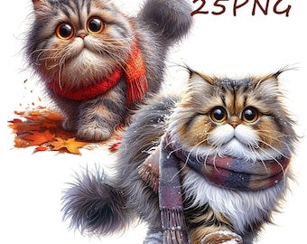 Persian Cat Clipart, Fluffy Winter Kittens, Autumn Leaves, Snow (25 PNG Digital Download)