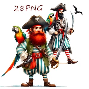 May include: Two cartoon pirates, one tall and one short, wearing striped pants and holding swords. The tall pirate has a black beard and a parrot on his shoulder. The short pirate has a red beard and a parrot on his arm. Both pirates are wearing pirate hats.
