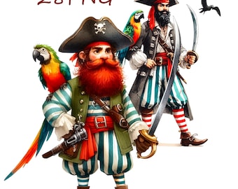 Whimsical Pirate Watercolor Drawings: 28 PNG Clipart (Digital Download)