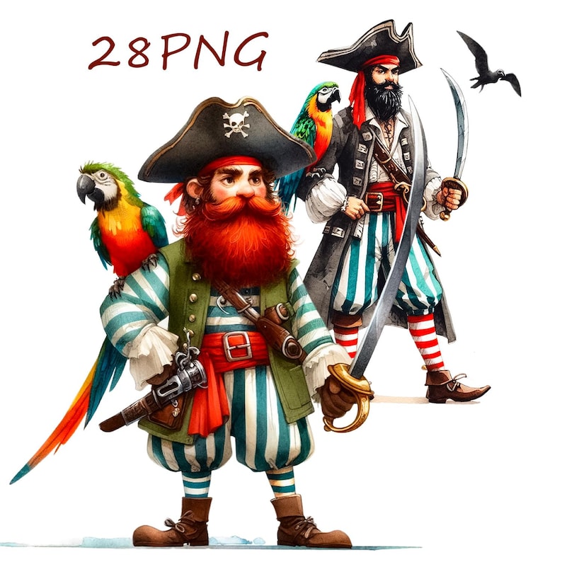 May include: Two cartoon pirates, one tall and one short, wearing striped pants and holding swords. The tall pirate has a black beard and a parrot on his shoulder. The short pirate has a red beard and a parrot on his arm. Both pirates are wearing pirate hats.