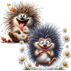 May include: Two cartoon hedgehogs with big eyes and smiles. One hedgehog is brown with a long tongue sticking out and the other is gray and white. Both hedgehogs are surrounded by white daisies.