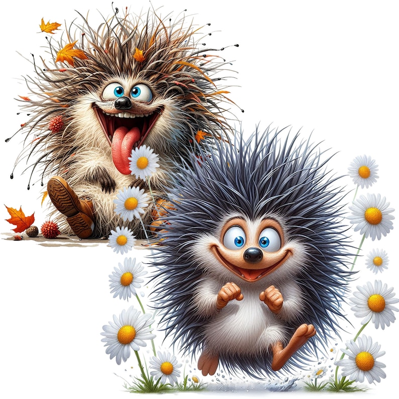 May include: Two cartoon hedgehogs with big eyes and smiles. One hedgehog is brown with a long tongue sticking out and the other is gray and white. Both hedgehogs are surrounded by white daisies.