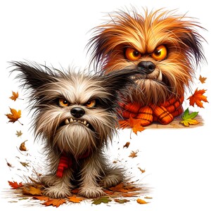 Puede incluir: Dos perros de dibujos animados con expresiones de enfado, uno con una bufanda marr&oacute;n y naranja y el otro con una bufanda roja, est&aacute;n rodeados de hojas de oto&ntilde;o.