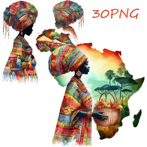 May include: A colorful illustration of three women wearing traditional African clothing and headwear. The women are standing in front of a watercolor painting of the continent of Africa. The image includes the text "30PNG".
