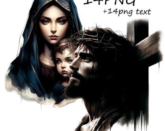 Jesus & Virgin Mary PNG Images: Christian Clipart 14 PNG + 14png text (Digital Download)