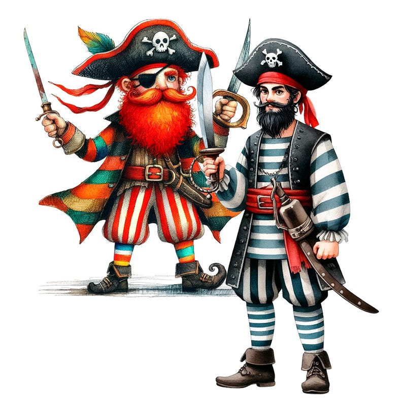 May include: Two cartoon pirates, one with a red beard and a striped shirt, the other with a black beard and a striped shirt, both wearing pirate hats and holding swords.