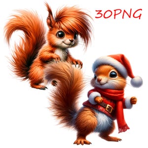 Puede incluir: Dos ardillas de dibujos animados, una con un gorro de Pap&aacute; Noel rojo y una bufanda roja, la otra con una cola esponjosa y una expresi&oacute;n traviesa.