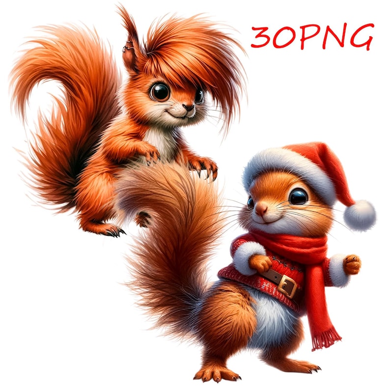 Puede incluir: Dos ardillas de dibujos animados, una con un gorro de Pap&aacute; Noel rojo y una bufanda roja, la otra con una cola esponjosa y una expresi&oacute;n traviesa.