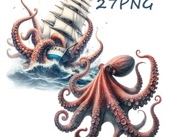 Octopus Illustration, 27PNG Clipart for Crafts (Digital Download)