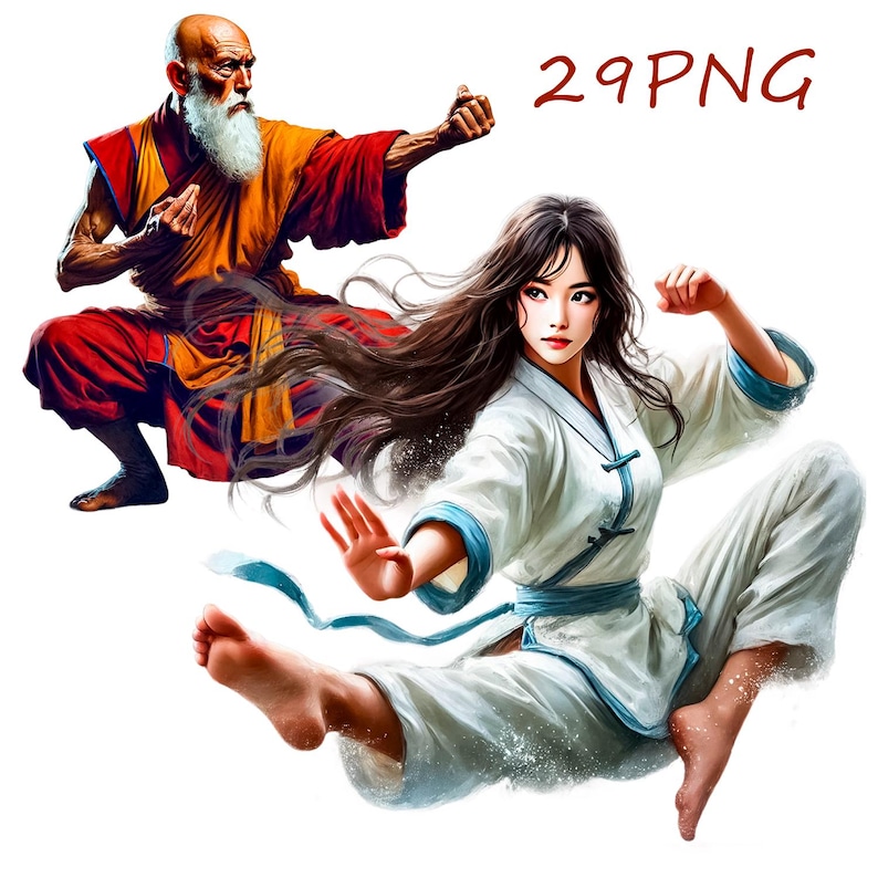 May include: A woman wearing a white martial arts uniform with a blue sash is in a fighting stance. Her long brown hair is flowing behind her. A man in a red and orange robe is in the background, also in a fighting stance.