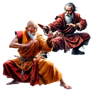 May include: Two elderly men in traditional robes practice martial arts. The man on the left wears a yellow and red robe and is in a low fighting stance. The man on the right wears a red robe and is in a crouching position with his arms raised.