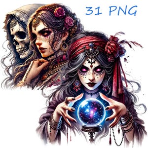 May include: Three women with dark hair and elaborate costumes. One woman wears a red turban and holds a crystal ball with a galaxy inside. The other two women have dark eyes and wear ornate jewelry. The image has the text "31 PNG" in blue.