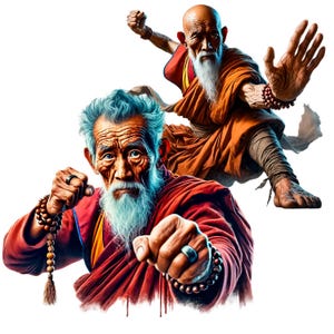 May include: Two elderly men with long white beards wearing orange and red robes with beaded necklaces. They are both in a fighting stance with their fists raised.