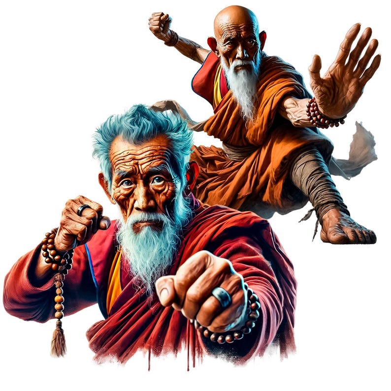 May include: Two elderly men with long white beards wearing orange and red robes with beaded necklaces. They are both in a fighting stance with their fists raised.
