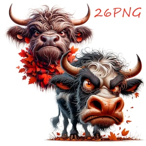 Angry Bull & Cow Clipart: 26 PNG Images for Scrapbooking (Digital Download)