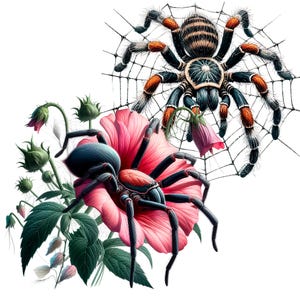 Pode incluir: Duas aranhas pretas e vermelhas, uma em uma flor rosa e a outra em uma teia, sobre um fundo branco.