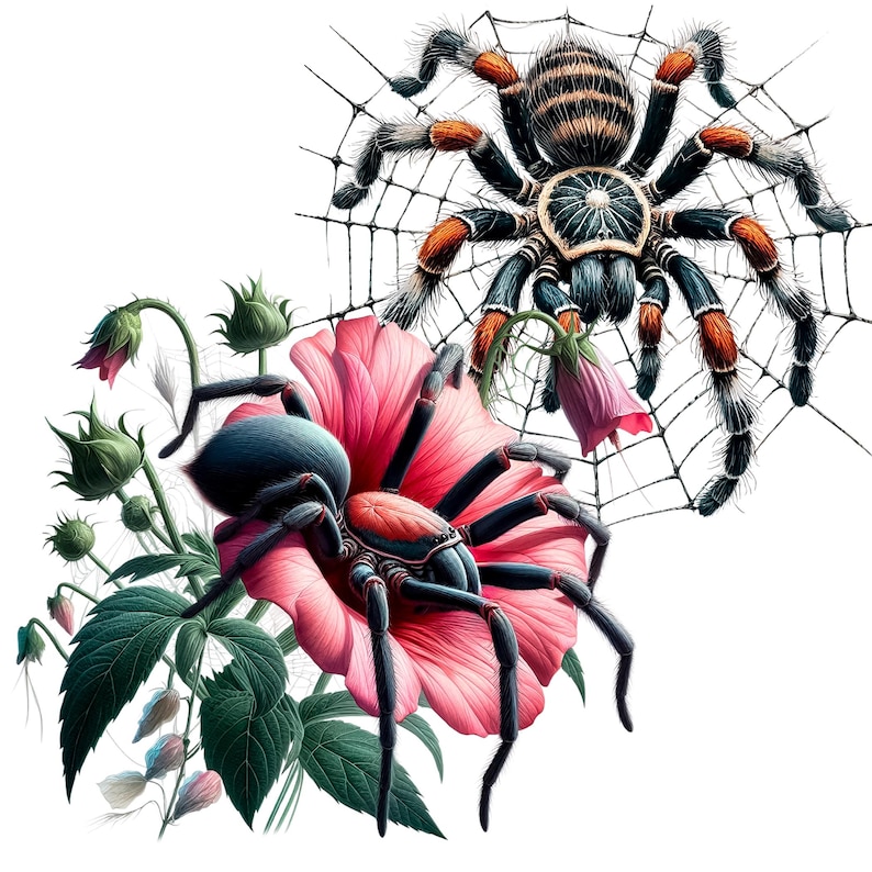 Pode incluir: Duas aranhas pretas e vermelhas, uma em uma flor rosa e a outra em uma teia, sobre um fundo branco.