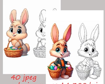 Easter Bunny Coloring Pages, 40 Illustrations (Digital Download)