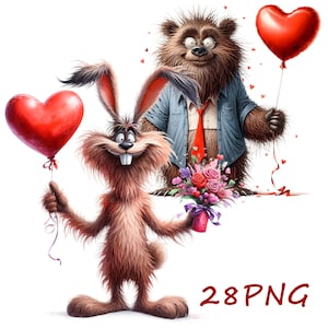 Clipart del día de San Valentín, animales divertidos, sublimación, clipart de animales de dibujos animados, 28 PNG con fondo transparente