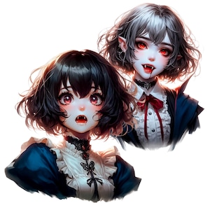 May include: Two anime-style illustrations of vampire characters. One has black hair, the other gray. Both have red eyes, fangs, and wear dark clothing with white accents. The image has a fantasy theme.
