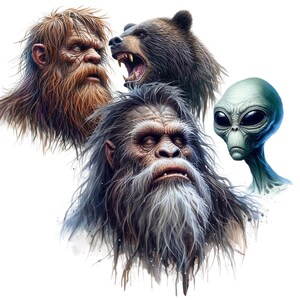 May include: A digital illustration of four mythical creatures: a Bigfoot, a Yeti, a bear, and a grey alien. The creatures are all looking at the viewer with serious expressions.